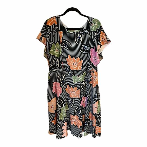 E17 Eloquii Striped Floral Toe Keyhole Back Midi Dress NWT Flutter Sleeve Sz 16 - Picture 1 of 8